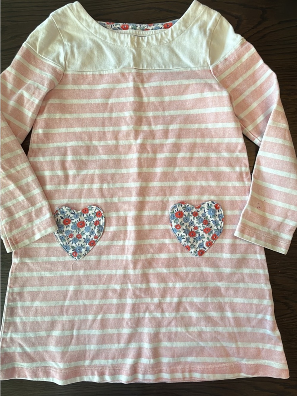 Mini Boden 5/6 Girls Pink & White Striped Heart Pocket Tunic